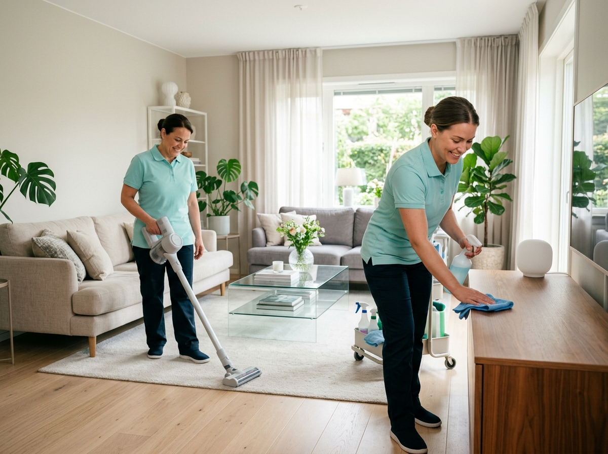 Two SparkleClean cleaners working in a bright, spotless living room