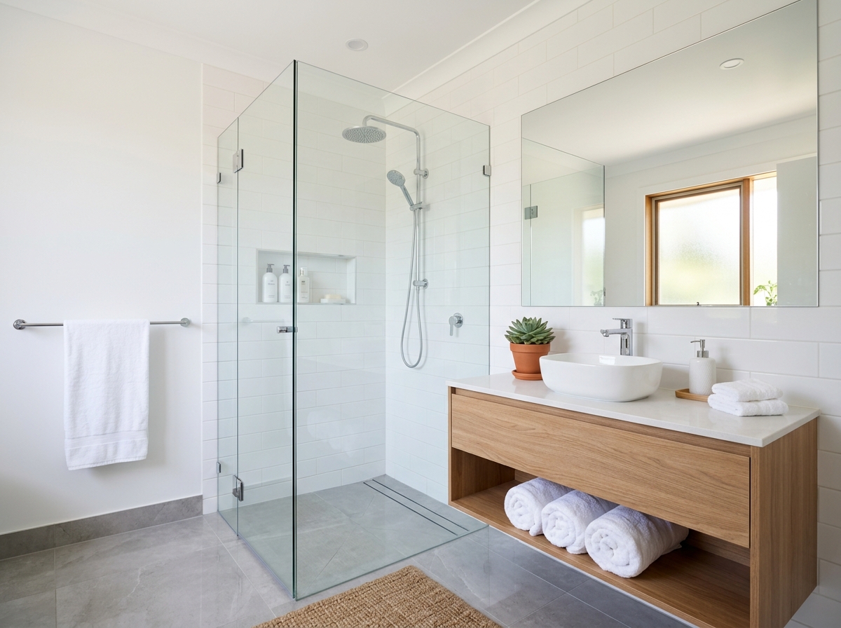 An immaculate bathroom with sparkling white tiles and rolled towels
