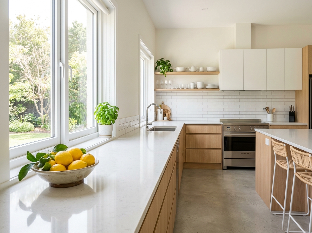 A spotless modern kitchen with gleaming countertops in soft daylight