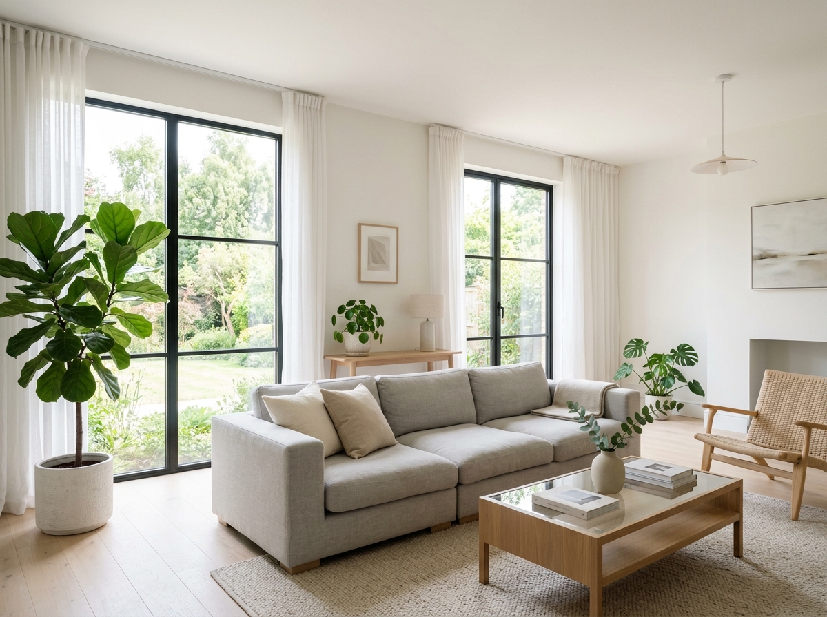 A bright, freshly cleaned living room with large sunlit windows